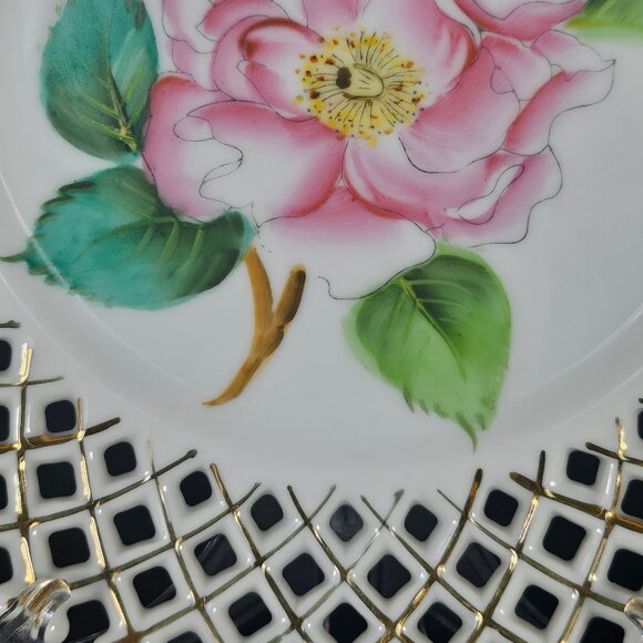 Made In Occupied Japan Decorative Rossetti Pink Floral Plate Lattice Edge - Picture 4 of 10